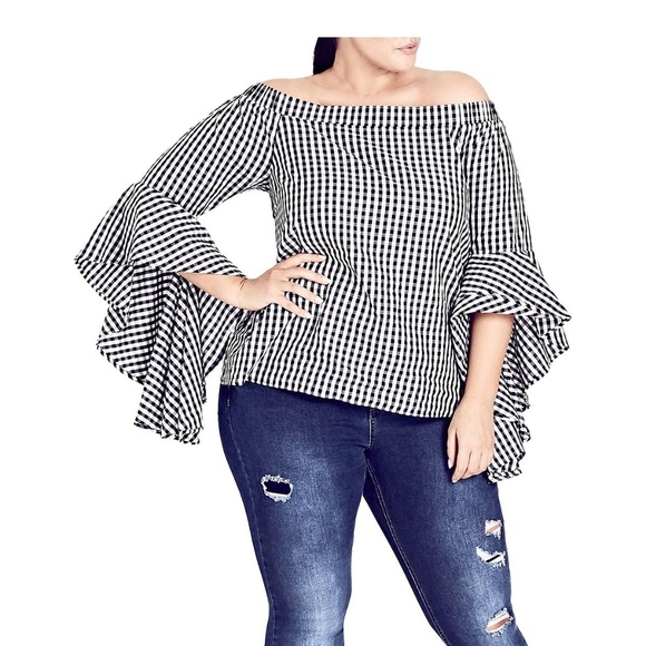 City Chic Tops - City Chic Gingham White Black Off the Shoulder Top